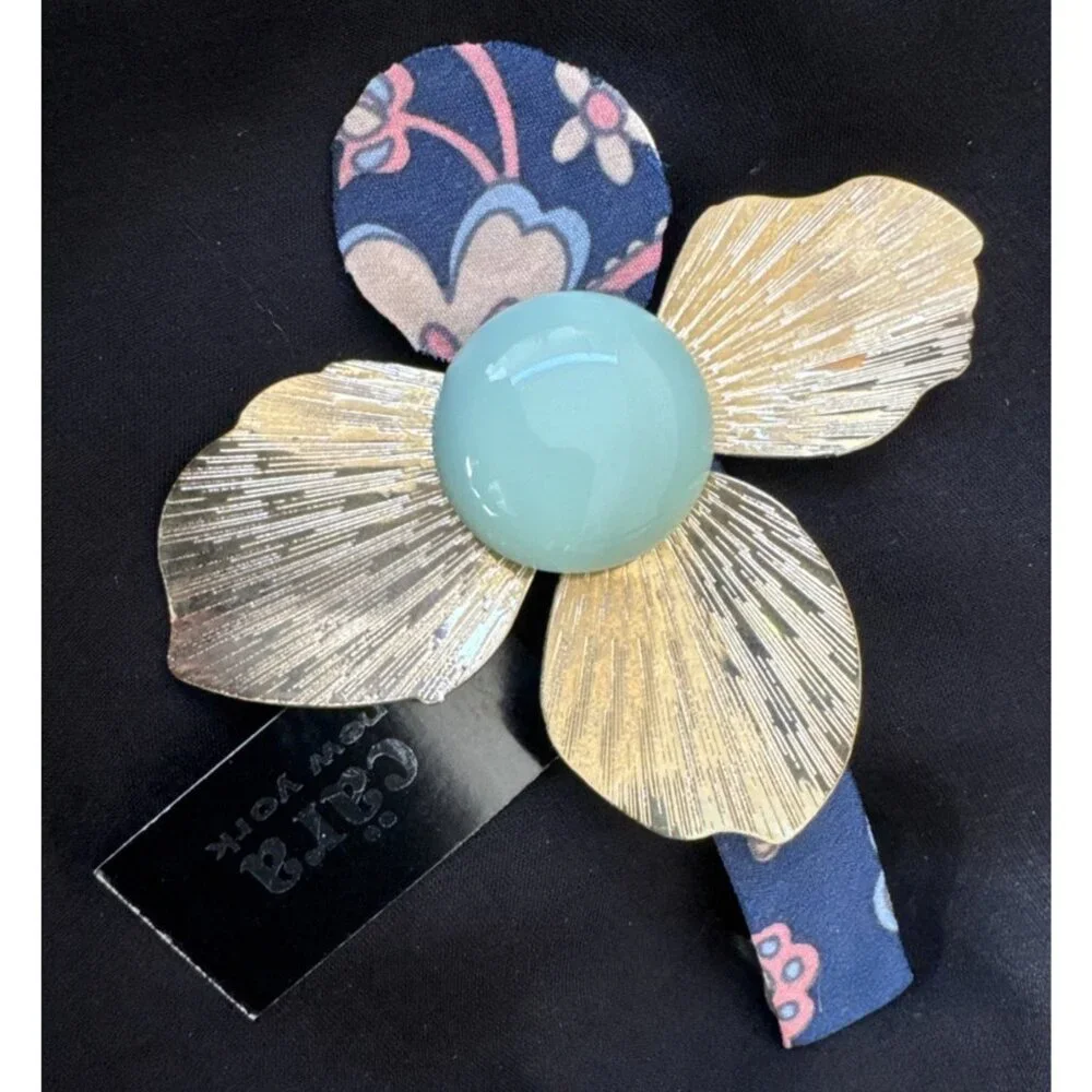Cara NY Hair Barrette Pin Floral Gold Blue Enamel Cloth Steampunk NEW